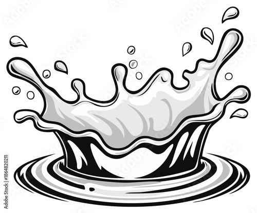 Dynamic monochrome splash of milk erupting into droplets and waves