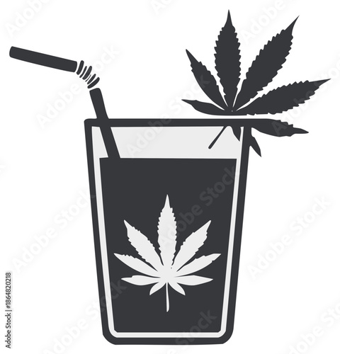 Refreshing beverage with cannabis leaves, served with straw in a minimalist style