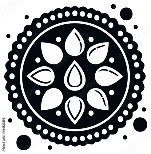 Black and white ornate floral mandala with decorative elements and dots, vector illustration