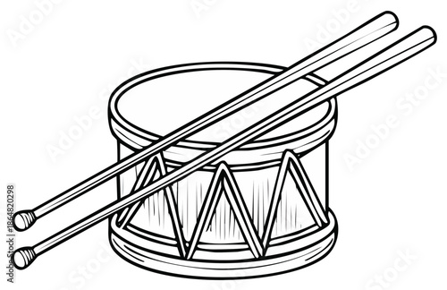 Line art illustration of a drum with two drumsticks for music rhythm and percussion
