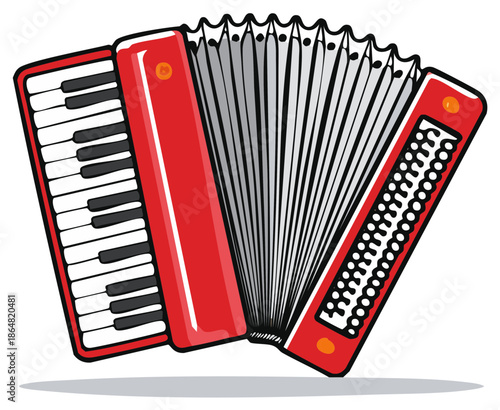 Red accordion vector illustration with keyboard and buttons, a classic musical instrument.