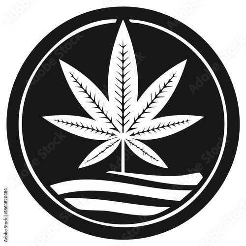 Stylized cannabis leaf emblem in a black and white circular frame with wavy lines below representing nature and growth