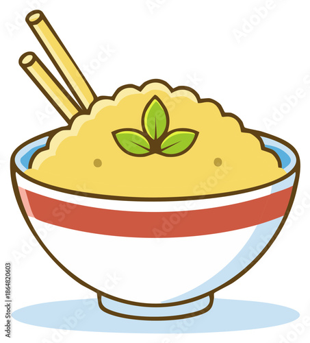 Stylized bowl of yellow porridge or soup topped with green leaves and chopsticks for Asian cuisine
