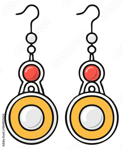 Pair of dangling earrings featuring red and gold accents, showcasing jewelry design and fashion accessory concept