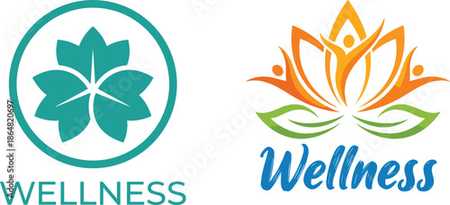 Wellness logo design, lotus flower icon, human harmony symbol, yoga meditation spa branding, holistic lifestyle health concept, colorful wellness identity