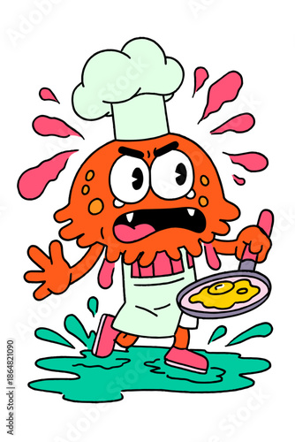 Cute cartoon chef octopus preparing colorful pancakes