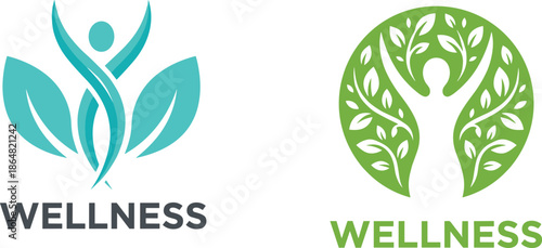 Wellness logo design, human leaf symbol, green nature health branding, holistic lifestyle, yoga meditation, spa, organic care, concept, balance, harmony