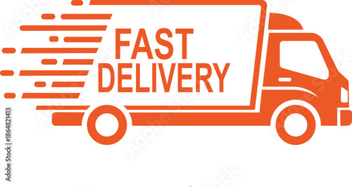 Orange fast delivery truck with motion lines and text transportation