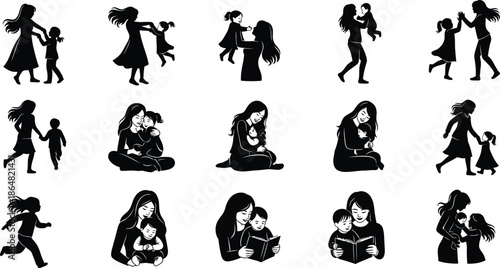 Collection of black silhouettes of women in various poses and activities