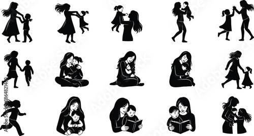 Collection of black silhouettes depicting various human interactions and emotions