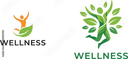 Wellness logo design, human figure icon, green leaf symbol, healthy lifestyle branding, fitness, yoga, holistic care concept
