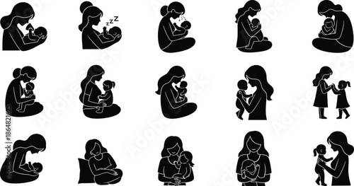 Silhouette of a mother and her child in various poses