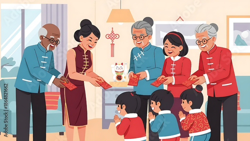 Chinese New Year Celebration Family Giving Red Envelopes to Children