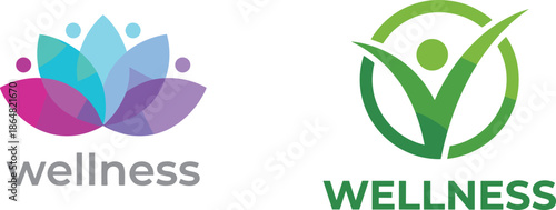 Wellness logo design, health and wellness branding, yoga lotus symbol, human figure icon, medical care, spa, holistic lifestyle