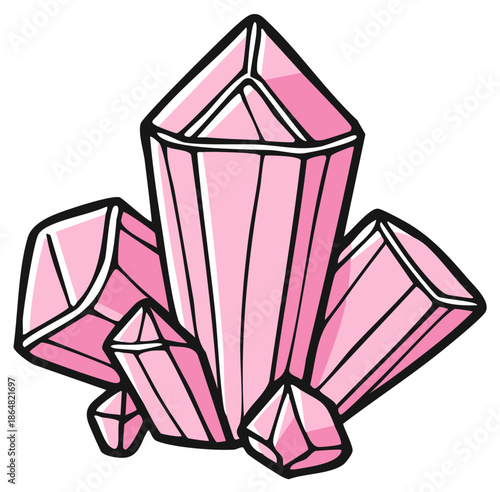 A cartoon illustration of a pink crystal cluster gemstone with bold outlines