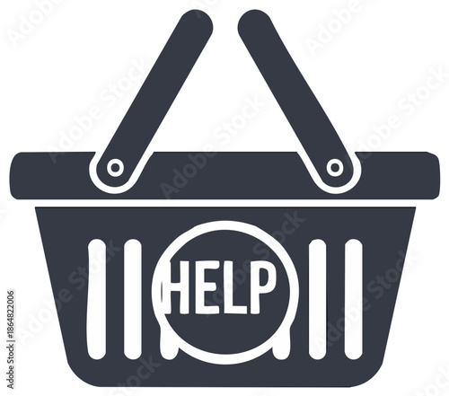 Icon of a shopping basket with the word help inside a white circle, dark blue lines