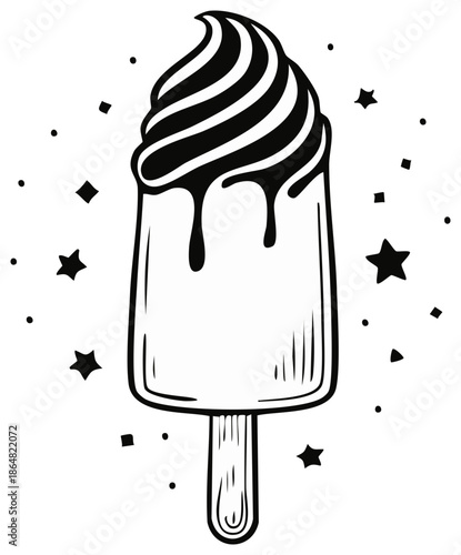 Delicious hand-drawn ice cream bar with topping swirl and melting, dessert concept