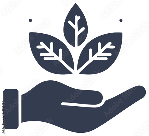 Simple icon of a hand holding a small plant sapling representing growth, nature, and environmental care