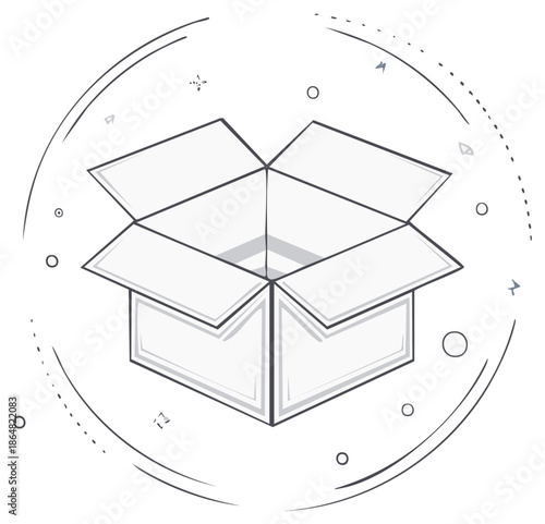 Open cardboard box with abstract graphic elements and circles surrounding it
