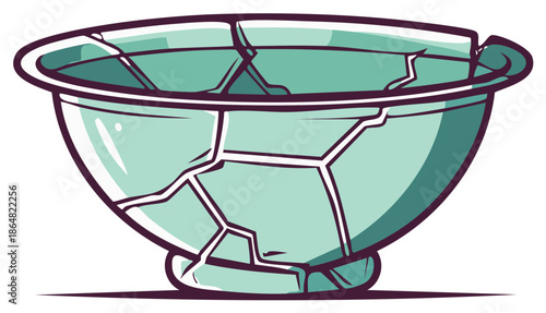 Damaged Pottery Vessel with Multiple Cracks Graphic Illustration of a Broken Ceramic Bowl