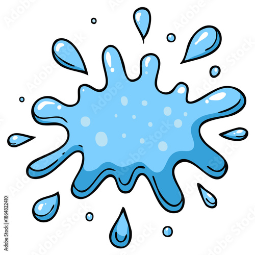 Blue liquid splash with droplets and bubbles in cartoon style