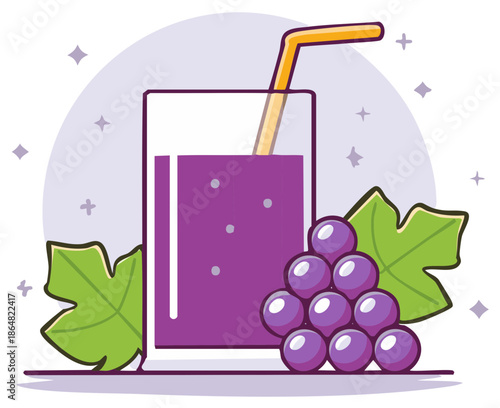Sweet purple grape juice glass with straw and fresh fruit leaves vector illustration