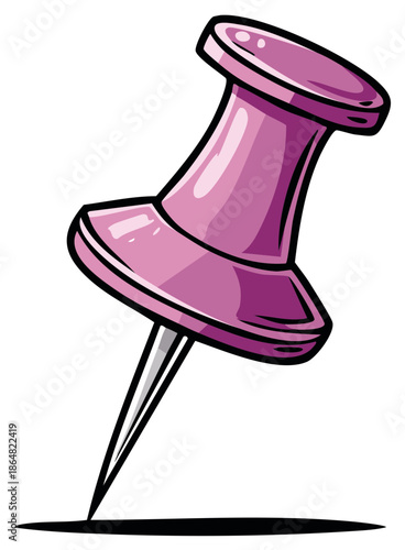 Vector illustration of a pink cartoon pushpin tack with shadow suitable for notice boards bulletin boards or moodboards