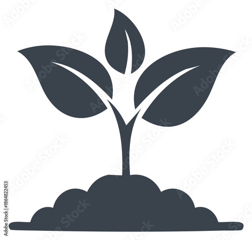 A sprouting plant in the soil, showing growth, with simple shapes representing nature and beginnings.