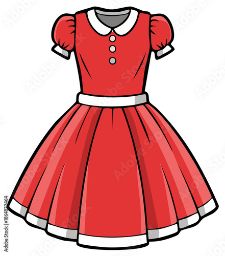 Cartoon illustration of a bright red dress with a white collar and trim
