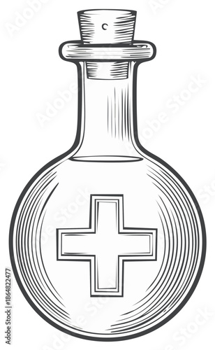Vintage glass vial with cork stopper and medical cross symbol inside, hand-drawn sketch.