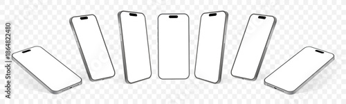 Realistic Smartphone Mockup Set in Multiple Angles – Blank Screen Mobile Phone Templates, Front and Perspective Views, Modern Device Vector Isolated on Transparent Background