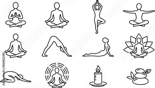 Yoga and meditation line icon set, mindfulness practice, wellness poses, lotus symbols, relaxation exercises, holistic balance illustration, minimal black vector