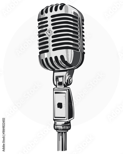 Classic retro studio microphone illustration in black and white for music broadcast or podcast