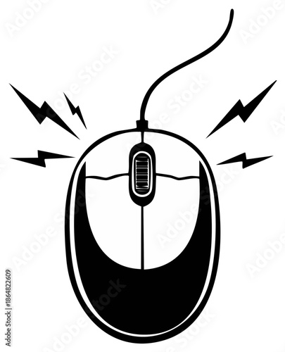 Computer Mouse Click Action Black and White Graphic Illustration with Electrical Energy Symbols Surrounding it