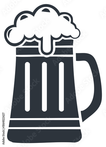 Stylized illustration of a frothy beer mug with handle and vertical ribbed design