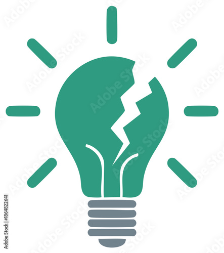 Broken lightbulb with radiating lines, symbolic of innovation failure or idea breakdown.