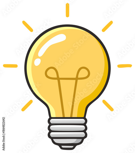 Glowing Cartoon Lightbulb Icon with Bright Rays Representing Idea Inspiration and Innovation
