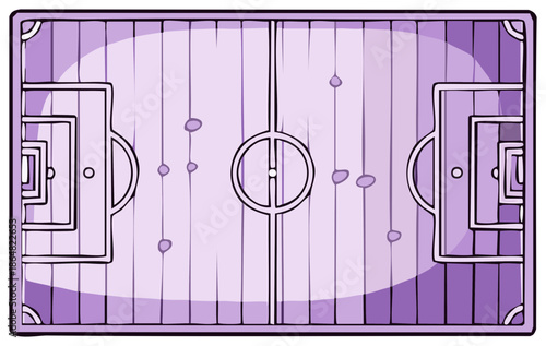 Top-View Cartoon Soccer Field Illustration with Goals and Center Circle in Shades of Purple