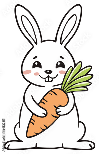 Cute cartoon rabbit holding a fresh orange carrot with green leaves