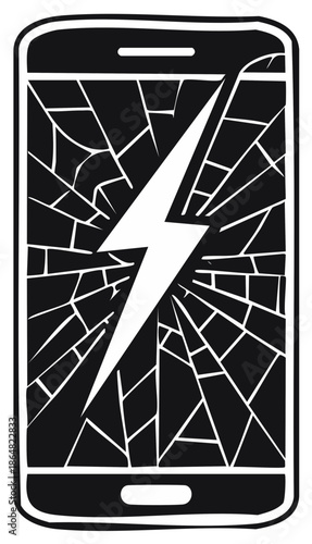 Cracked mobile phone screen with lightning bolt illustration symbolizing damage and repair needs