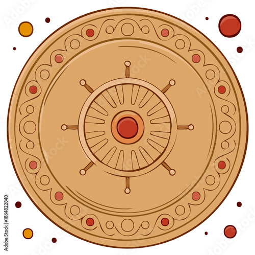 Round ornamental wooden shield with a central ship's helm and decorative ethnic patterns