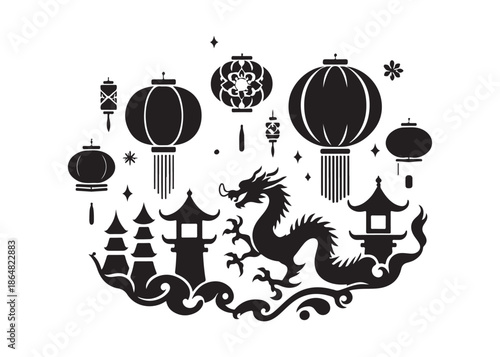 chinese new year logo silhouette vector, chinese culture silhouette vector illustration, traditional chinese dragon logo vector, chinese new year logo vector silhouette on white background