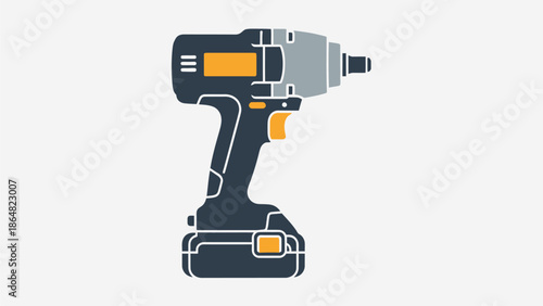 A detailed illustration of a modern cordless impact wrench with a black body, grey head, and yellow accents, featuring a battery pack at its base.
