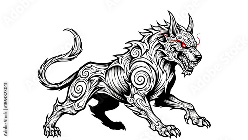 A fierce, stylized black and white illustration of a mythical wolf-like creature with glowing red eyes and intricate swirling patterns on its body.
