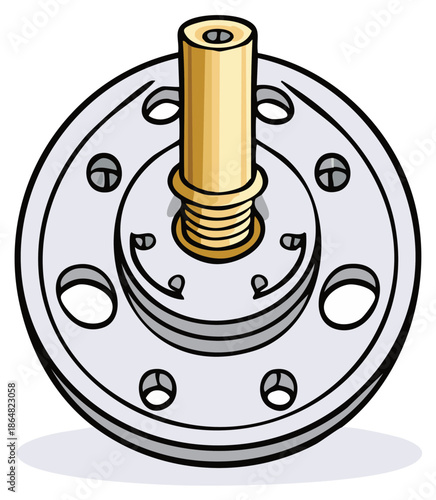 Close-up illustration of a mechanical component with a threaded brass cylinder and metal base