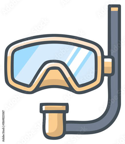 Cartoon style illustration of scuba diving mask and snorkel for underwater exploration, adventure, and enjoying the ocean environment