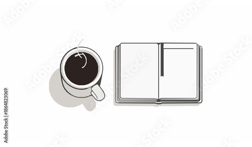 Minimal Top-Down Coffee Cup Beside Notebook Vector Illustration