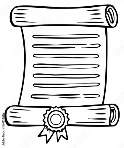 Ancient scroll with wax seal illustration. Certificate document drawing.