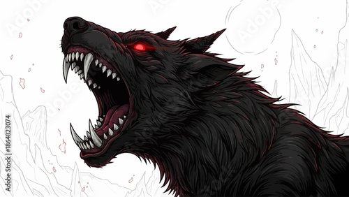 A ferocious black wolf with glowing red eyes and bared teeth, depicted in a detailed, dark, and menacing illustration.