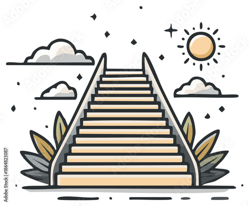 Stairway to Heaven leading up towards the sun and clouds illustration